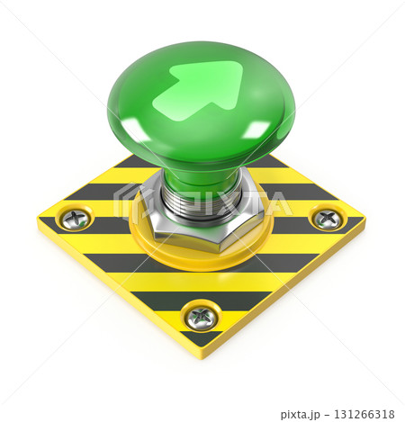 Green push button with upward arrow on a yellow and black base Green push button with upward arrow on a yellow and black base 131266318