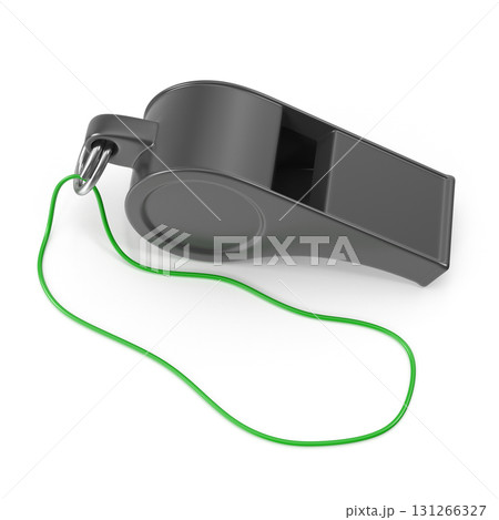 Black whistle with green lanyard on white for sports and safety Black whistle with green lanyard on white for sports and safety 131266327