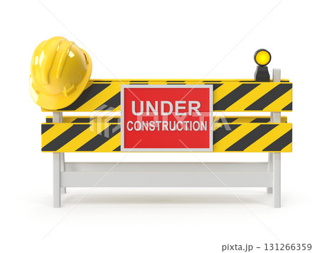 Under construction barrier with hard hat Under construction barrier with hard hat 131266359