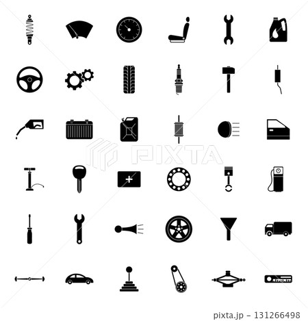 Vector Car Service Icons Set. Auto Parts Symbols, Vehicle Repair Tools, Automobile Maintenance Elements, Engine Gear Wheel Wrench Battery Fuel Tire Oil Filter Dashboard Steering Wheel 131266498