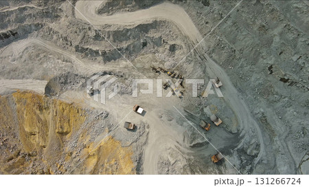 Aerial of open mine and heavy mining equipment 131266724