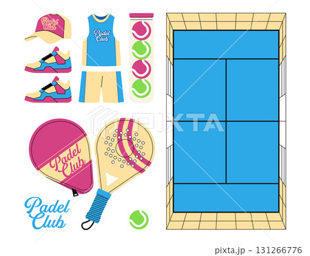 padel court and set of padel equipment flat vector illustration graphic includes racket balls sportswear sports recreation sport clubs retro style fun graphic design 131266776