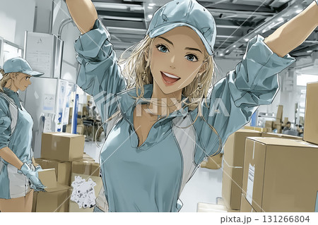 配送センターで働く元気な女性のイラスト素材　バンザイ 131266804