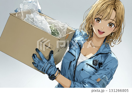 段ボール箱を配達する笑顔の若い女性　白バック 131266805