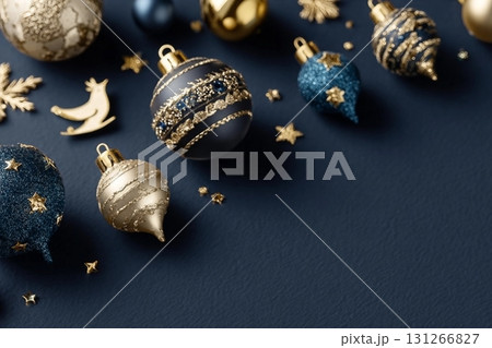 Chic Christmas card with elegant gold bauble ornaments on a dark background. Festive holiday design for a modern, stylish card Chic Christmas card with elegant gold bauble ornaments on a dark background. Festive holiday design for a modern, stylish card 131266827