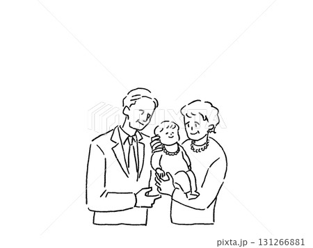 赤ちゃんを抱っこするおじいさんとおばあさん、線画 131266881