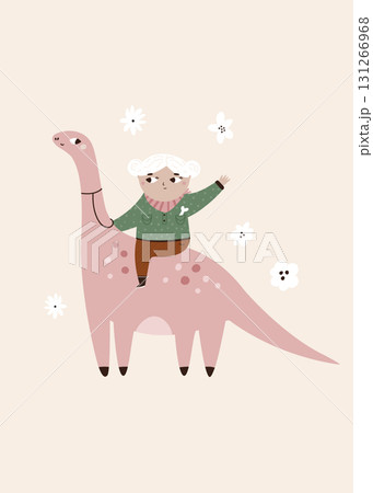 Cute Girl Riding Dinosaur Illustration with Adventure Theme 131266968