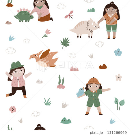 Dinosaur Adventure Seamless Pattern. Kids' Dino and Girl Print Dinosaur Adventure Seamless Pattern. Kids' Dino and Girl Print 131266969