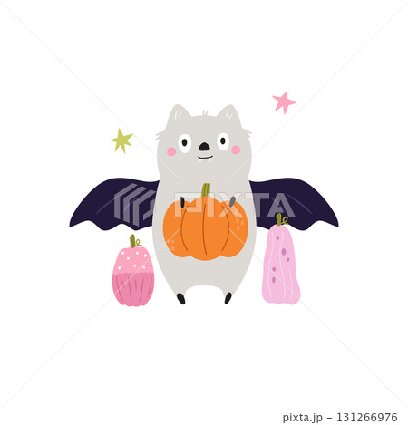 Cute Halloween Bat Character with Pumpkins and Stars 131266976