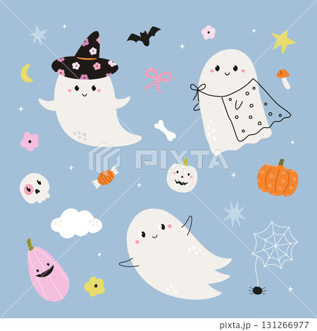 Cute Halloween Ghosts with Pumpkins and Funny Cartoon Elements on Blue Background 131266977