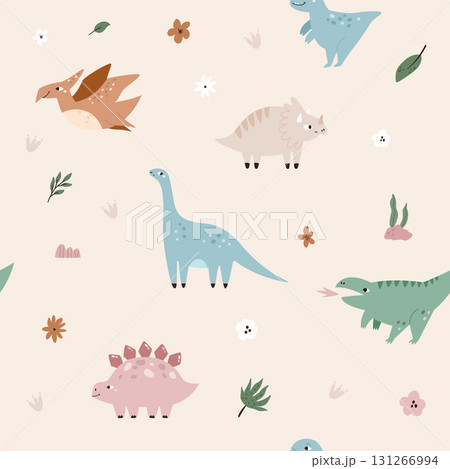 Cute Dinosaur Seamless Pattern. Dino and Flowers Background 131266994