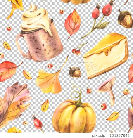 Seamless autumn harvest pattern with pumpkins, rose hips, and leaves, hand-painted watercolor illustration, perfect for wrapping paper, fabric, wallpapers, and cozy seasonal holiday decoration. 131267042