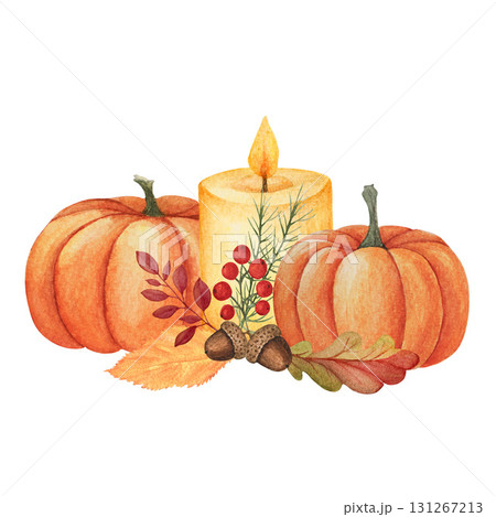Watercolor composition of holiday pumpkins and a candle on a white background. Autumn harvest, ripe orange vegetables, leaves. candle. Watercolor illustration of an autumn harvest of ripe orange Watercolor composition of holiday pumpkins and a candle on a white background. Autumn harvest, ripe orange vegetables, leaves. candle. Watercolor illustration of an autumn harvest of ripe orange 131267213