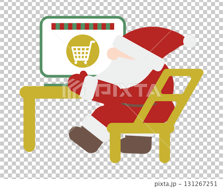 聖誕老人坐在椅子上，在電腦上線上購物的可愛形象 131267251