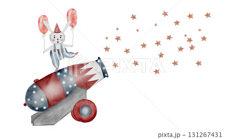 Circus gun watercolor. Hand drawn cannon with the stars and rabbit on isolated white background. Clip art circus equipment. Perfect for posters and cards for baby shower Circus gun watercolor. Hand drawn cannon with the stars and rabbit on isolated white background. Clip art circus equipment. Perfect for posters and cards for baby shower 131267431