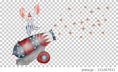 Circus gun watercolor. Hand drawn cannon with the stars and rabbit on isolated white background. Clip art circus equipment. Perfect for posters and cards for baby shower Circus gun watercolor. Hand drawn cannon with the stars and rabbit on isolated white background. Clip art circus equipment. Perfect for posters and cards for baby shower 131267431