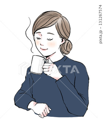 イラスト素材:暖かい飲み物を飲む・女性・コーヒー・リラックス イラスト素材:暖かい飲み物を飲む・女性・コーヒー・リラックス 131267574
