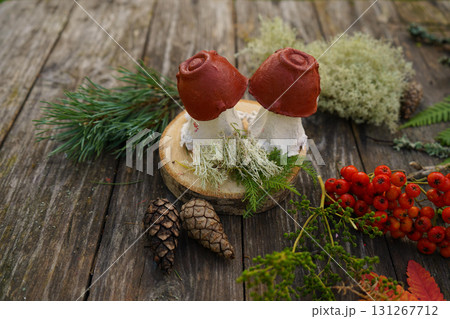 Eco-friendly autumn craft from natural and reused materials, representing a mushroom. Eco-friendly autumn craft from natural and reused materials, representing a mushroom. 131267712
