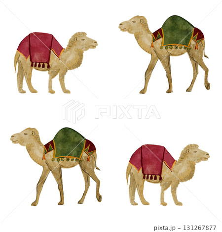 Camels with colorful oriental blankets watercolor seamless pattern. Hand painted art perfect for textile, wrapping paper, true Christmas decor, Middle Eastern themes, travel, or cultural design Camels with colorful oriental blankets watercolor seamless pattern. Hand painted art perfect for textile, wrapping paper, true Christmas decor, Middle Eastern themes, travel, or cultural design 131267877