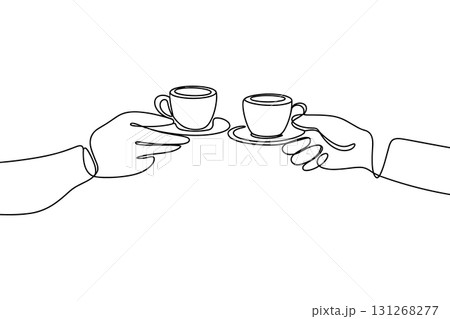 Hands Toasting with Coffee Cups Continuous Line Drawing Vector. Business Meeting Break Vector Art. 131268277