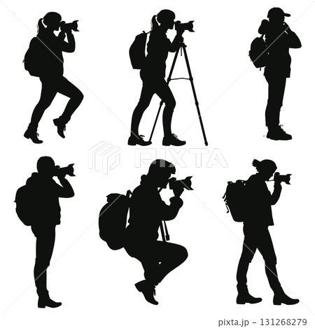 Woman Photographer Silhouette Vector Set. Travel and Nature Photography Vector Icons. Woman Photographer Silhouette Vector Set. Travel and Nature Photography Vector Icons. 131268279