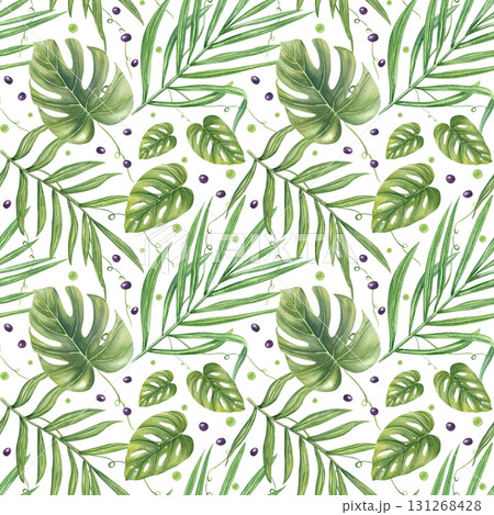 Monstera and areca palm leaves, with black seeds and green drops seamless watercolor pattern on isolated background. Hand painted tropical plant for textile print, home decor, packaging design 131268428