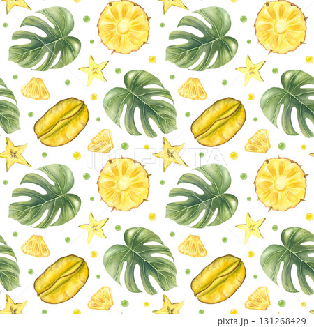 Pineapples, starfruit, monstera leaves, and juicy drops hand painted watercolor seamless pattern on isolated background. Tropical fruits and foliage for textile design, packaging 131268429