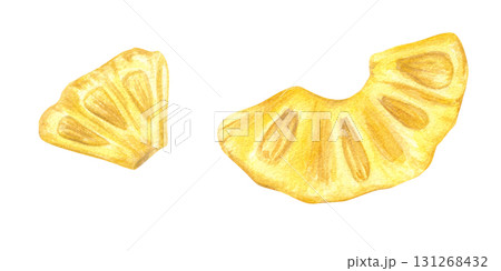 Watercolor illustration of pineapple slices set on isolated background. Hand painted tropical yellow fruit pieces clip art for summer menu designs, juice packaging, party invitations, healthy food Watercolor illustration of pineapple slices set on isolated background. Hand painted tropical yellow fruit pieces clip art for summer menu designs, juice packaging, party invitations, healthy food 131268432
