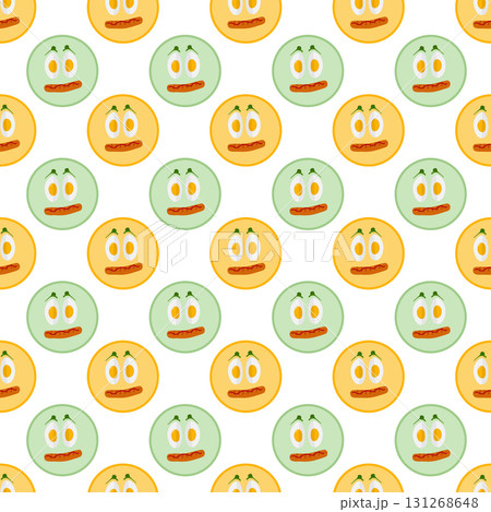 Hard boiled Egg halves with Sausage like Smile Face Seamless Pattern Motivation Breakfast Backdrop 131268648