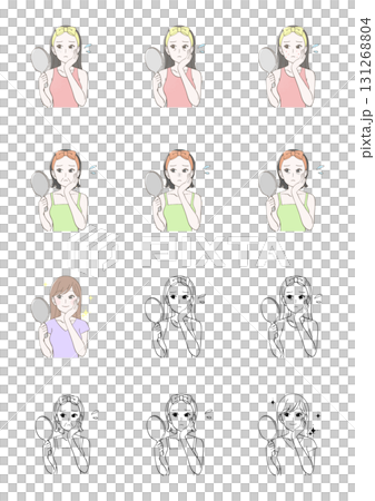 Illustration set of a woman looking in the mirror with skin problems Illustration set of a woman looking in the mirror with skin problems 131268804