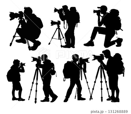 Professional Photographer Silhouette Vector. Cameraman with a Camera on a Tripod Vector Icon. 131268889
