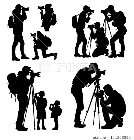 Professional Photographer Silhouette Vector. Cameraman with a Camera on a Tripod Vector Icon. Professional Photographer Silhouette Vector. Cameraman with a Camera on a Tripod Vector Icon. 131268890
