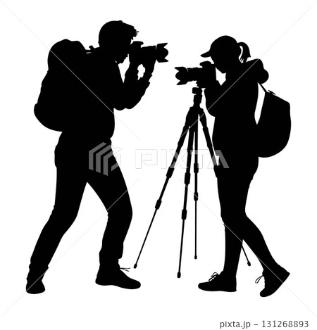 Professional Photographer Silhouette Vector. Cameraman with a Camera on a Tripod Vector Icon. Professional Photographer Silhouette Vector. Cameraman with a Camera on a Tripod Vector Icon. 131268893