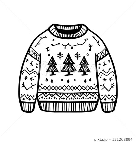 Ugly Christmas Sweater Doodle Vector. Hand-drawn Holiday Jumper Sketch for Coloring Book Vector. 131268894