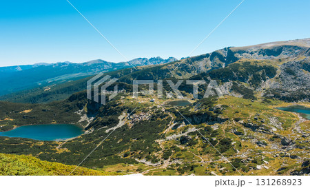 Mountain view of the Rila Mountains in Bulgaria. Seven Rila Lake hike. Eco trails. Connection with nature. Mountain view of the Rila Mountains in Bulgaria. Seven Rila Lake hike. Eco trails. Connection with nature. 131268923