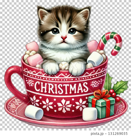 A cute kitten nestled in a festive Christmas cup filled with marshmallows and candies, perfect for holiday cheer. 131269035
