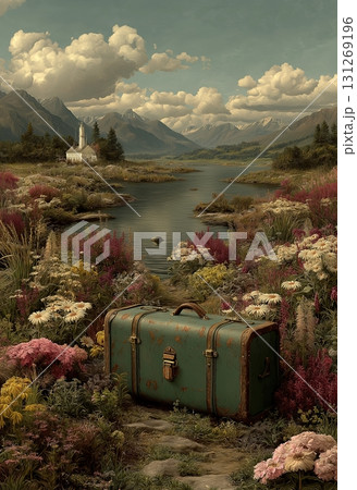 A tattered suitcase against a fairytale landscape and flowers. 131269196