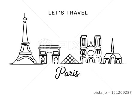 Paris City Skyline Single Line Drawing Vector. Travel to France Famous Landmark Vector Illustration. 131269287