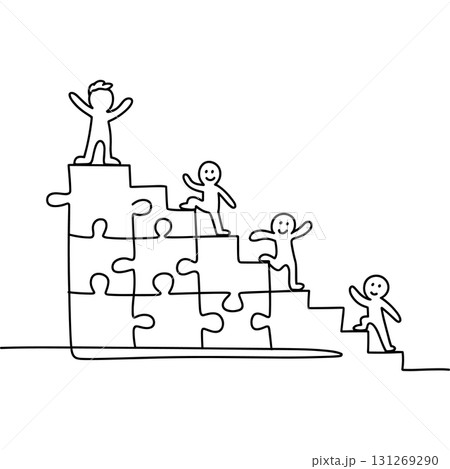 People Climbing Puzzle Stairs Hand-drawn Doodle Vector. Teamwork and Success Strategy Vector Art. People Climbing Puzzle Stairs Hand-drawn Doodle Vector. Teamwork and Success Strategy Vector Art. 131269290