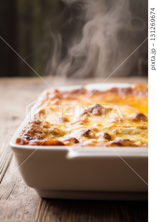 Homemade Italian Lasagna with Cheese and Meat Sauce in Baking Dish 131269674