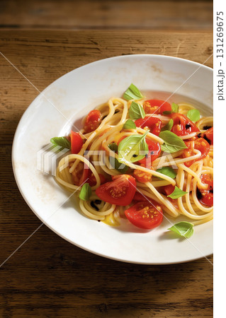 Spaghetti Pasta with Cherry Tomatoes and Basil on Rustic Wooden Table 131269675