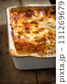 Homemade Italian Lasagna with Cheese and Meat Sauce in Baking Dish 131269679