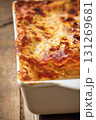 Homemade Italian Lasagna with Cheese and Meat Sauce in Baking Dish 131269681