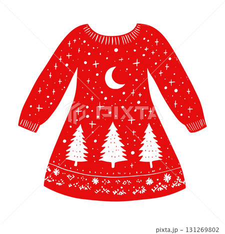Christmas Sweater Dress Vector Icon. Red Festive Holiday Clothing with Winter Pattern Vector. Christmas Sweater Dress Vector Icon. Red Festive Holiday Clothing with Winter Pattern Vector. 131269802
