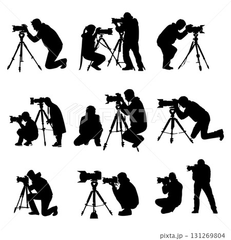 Professional Photographer Silhouette Vector Set. Cameraman with Camera on Tripod Vector Collection. Professional Photographer Silhouette Vector Set. Cameraman with Camera on Tripod Vector Collection. 131269804
