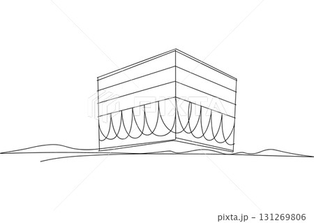 The Kaaba in Mecca Single Line Drawing Vector. Islamic Hajj and Umrah Pilgrimage Vector Art. 131269806