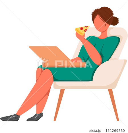 Woman working on laptop eating pizza vector Woman working on laptop eating pizza vector 131269880