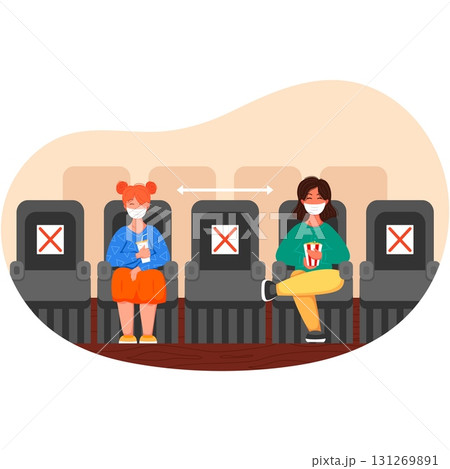 People in face mask keep distance at cinema vector 131269891