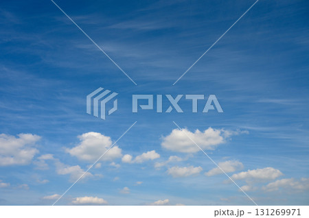 Expressions of serenity in a clear blue sky dotted with fluffy clouds at midday Expressions of serenity in a clear blue sky dotted with fluffy clouds at midday 131269971