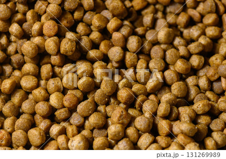 Pet food pellets scattered on a surface, highlighting the texture and color of nourishing bites Pet food pellets scattered on a surface, highlighting the texture and color of nourishing bites 131269989